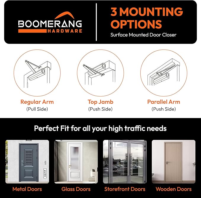 Boomerang Medium Duty Automatic Commercial Door Closer - D703 Hydraulic UL 3 hr. Fire Rated Closer, Surface-Mounted Size 3 for Home & Light Commercial Doors, Dark Bronze (US10B)
