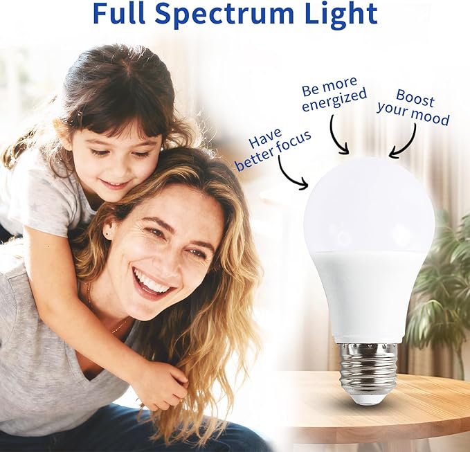 LQ BSDERA 4PK Full Spectrum Light Bulbs, 9W, 6000K Natural Light That Mimic Sunlight, Boosts Mood, Energy, Focus, A19, Sunlike Happy Light Bulbs with E26/27 Base for Most Lamps