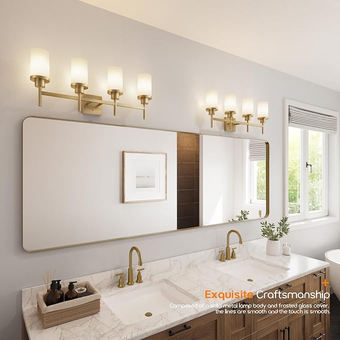 AONEON Wall Light Fixtures 4-Light Over Mirror, Gold Vanity Lights with White Frosted Glass Shade, Wall Sconces for Bathroom Washroom Kitchen T001GD-L4