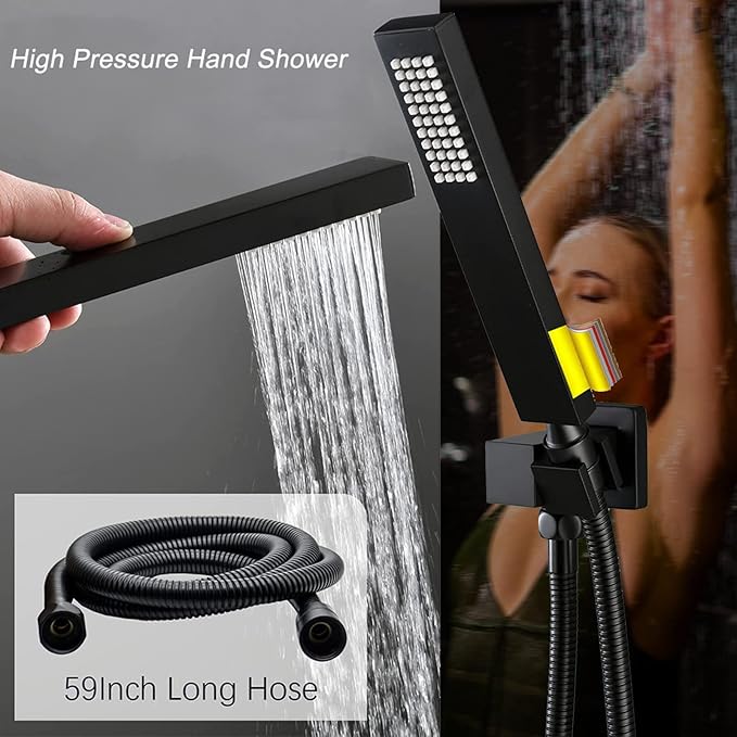 KATAIS Shower Faucet Set Matte Black Shower System with 12 inch Ceiling Mounted Shower Head and Dual 8 inch Wall Mounted Shower Head, Digital Display Shower Fixtures with Handheld Spray