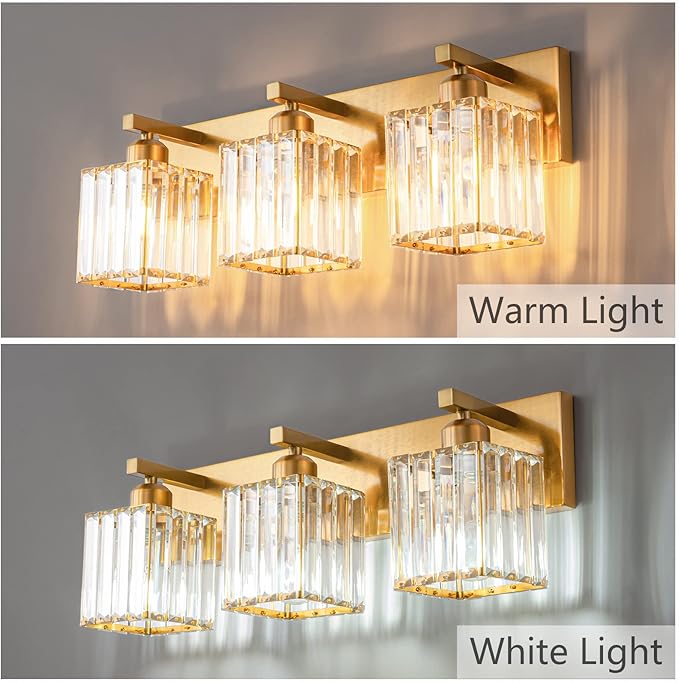 FDPBY Modern Bathroom Vanity Light 3-Lights Gold Crystal Bathroom Wall Light Vanity Light Fixtures，20.47-inch Modern Minimalist Design
