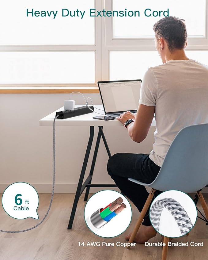 Flat Plug Extension Cord, 6Ft Surge Protector Power Strip - Multi Outlet Extender with 6 AC Outlets 4 USB (2 USB-C) Ports, 900J, Desktop Charging Station for Office College Dorm Room Essentials
