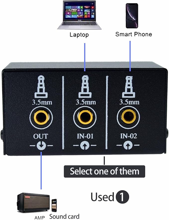 1/8" 1 in 2 Out or 2 in 1 Out Audio selector 3.5 mm TRS Stereo Channel 2 Splitter switcher Box Switching No External Power No Noise