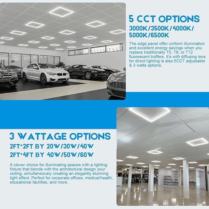 2x2 FT Edge-Lit Frame LED Panel Lights,5CCT Selectable 3000K-6500K, 2600/3900/5200LM,20W/30W/40W Switch Grid Drop Ceiling Lights,0-10V Dimmable,Damp Rated,100-277V,ETL Listed (2 x 4-6 Pack)