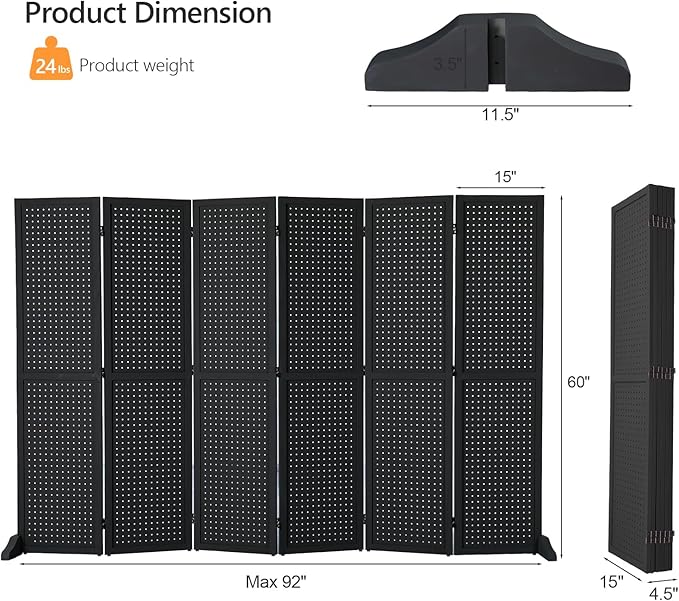Bonnlo 4/6 Panel Pegboard Freestanding, 5 FT Portable Display Board Organizer for Craft Show Jewelry, Wooden Folding Privacy Screen Room Divider (Black, 6 Panel with Base)
