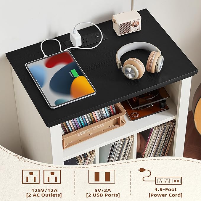 Joaxswe Record Player Stand with Charging Station Up to 200 Albums, 24" Wide Mid-Century Record Player Table with Vinyl Record Storage,Large Wood Turntable Stand Dispaly Cabinet for Living Room,White