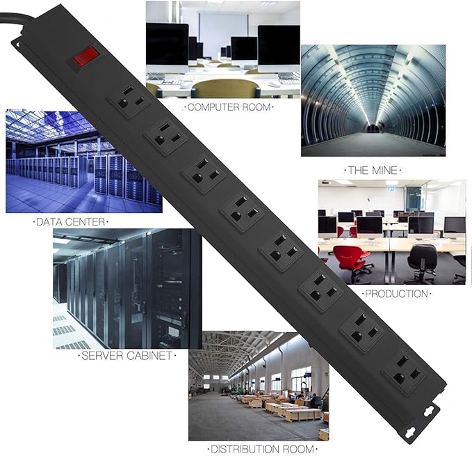 3Pack Metal 8 Outlet Mountable Power Strip, Wall Mount Outlet Heavy Duty, Wide Spaced Commercial Shop Power Strip with Switch, 6 FT Power Cord.