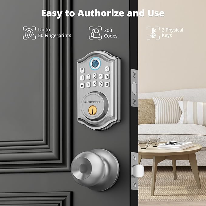 AkaGear DS10 Keyless Entry Door Lock with Door Knob, Fingerprint Door Lock, Electronic Keypad Deadbolt, Smart Door Lock, Smart Locks for Front Door, Auto-Lock - Satin Nickel
