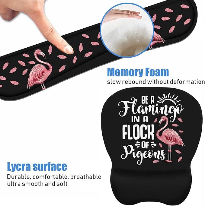 Mouse Pad Wrist Support and Keyboard Wrist Rest Set with Coasters, Inspirational Quote Be a Flamingo in a Flock Pigeons with Non-Slip PU Base Ergonomic Mousepad for Computer Laptop Home Office