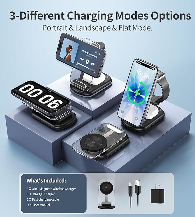 3 in 1 Magnetic Wireless Charging Station for Apple Devices, Fast Foldable Travel Mag-Safe Charger Stand with Night Light for iPhone 17 16 15 14 13 12 Series, Apple Watch/AirPods Pro