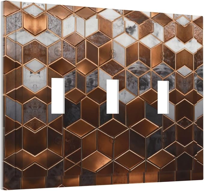 Bvtewkhz Brown Abstract Luxury Modern Geometric Cubic Marble 3 Gang Triple Toggle Decorative Light Switch Covers Electrical Faceplate Switch Plates for Bathroom Kitchen Home