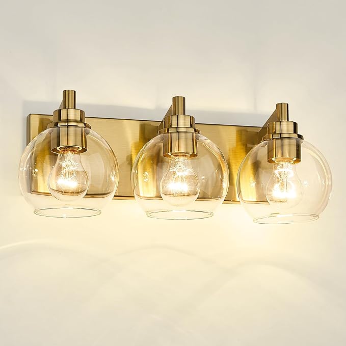 METWET Bathroom Light Fixtures, 3-Light Brushed Gold Vanity Light, Modern Wall Sconces with Clear Glass Globe Shade, Bathroom Wall Lights for Mirror Kitchen Bedroom Hallway Living Room, VL195-GD-3