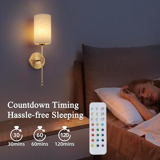 Battery Operated Wall Sconces Set of Two, Rechargeable Wireless Wall Lights with Remote, Gold Electroplating, Dimmable, RGB 15 Colors, Ideal for Bedroom, Living Room, 2 Pack
