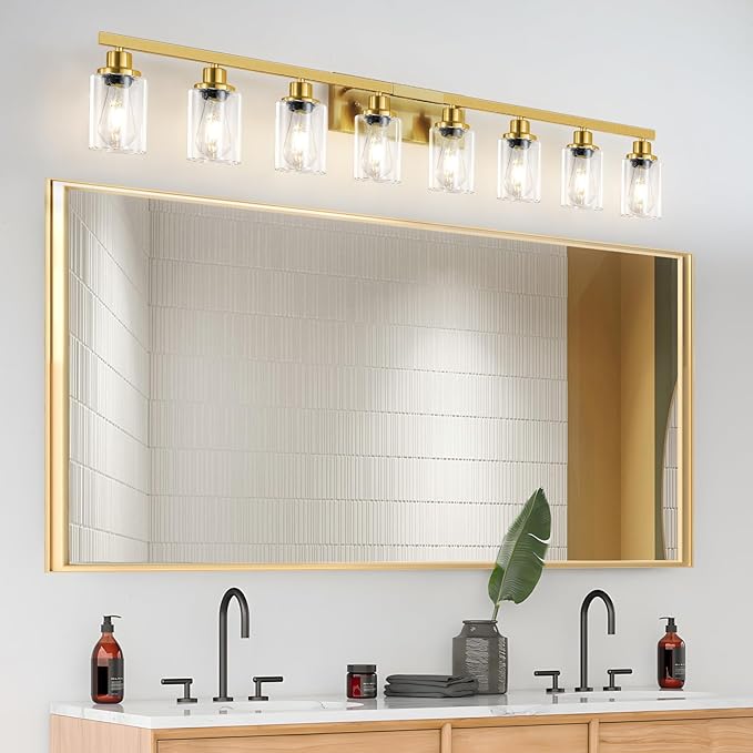 DIKAIDA 8 Light Gold Vanity Lights Over Mirror, 52inch Gold Bathroom Light Fixtures Modern Vanity Lights Gold Bathroom Wall Lighting for Mirror Bedroom,Living Room
