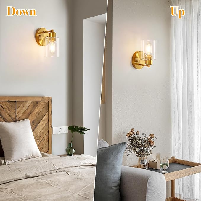 SOPEAS Brushed Gold Wall Sconce, Gold Vanity Light Modernbathroom Light fixtures with Clear Glass Shade Entrance Lamp Hallway Living Room Mount Bathroom Fixtures for Mirror (2PACK)