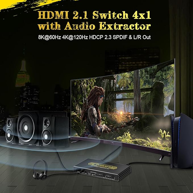 CORSAHD 4K@120Hz HDMI 2.1 Switch 4 in 1 Out with Audio Extractor,48Gbps,HDCP 2.3,HDR 10+,ARC,VRR,ALLM,CEC,IR Remote,Optical SPDIF 5.1Ch,AUX L/R 3.5mm 2.1Ch,HDMI Switcher 4x1,4 Port HDMI Selector