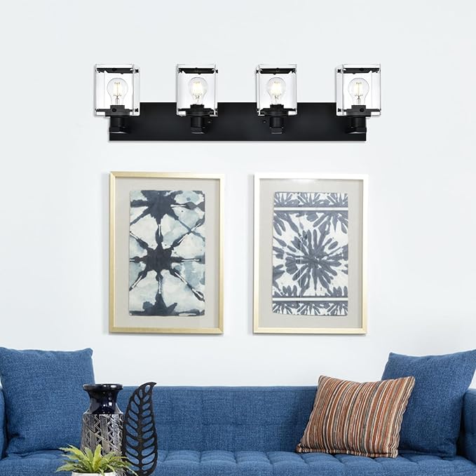 WINSHEN 4-Light Bathroom Vanity Light Fixture, Modern Black Wall Lighting Over Mirror with Rectangular Clear Glass, E26 Bulb Base