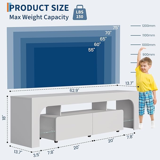 IDEALHOUSE LED TV Stand for 55 to 75 Inch TV, White Entertainment Center with Storage Drawer & Glass Shelves, Modern TV Console Table with Color Changing Lights for Living Room Bedroom