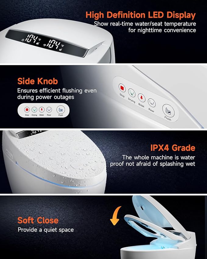 WANSID Smart Toilet with Bidet Built in, Bidet Toilet with Auto Open/Close Lid, Foot Sensor Operation, 1.28GPF, Heated Seat & Instant Warm Water Dryer, Tankless One Piece Electric japanese toilet