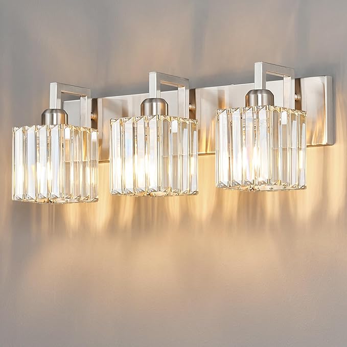 FDPBY Modern Bathroom Vanity Light 3-Lights Brushed Nickel Vanity Light Crystal Wall Light Bathroom Light Fixtures