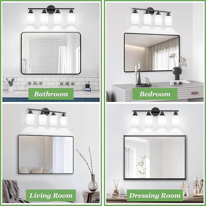 Guliaofo 4-Light Bathroom Light Fixtures, Black Vanity Lights for Mirror with Textured Milky White Glass Shade, Modern Kitchen Light Fixtures Wall Sconce Light - E26 Base