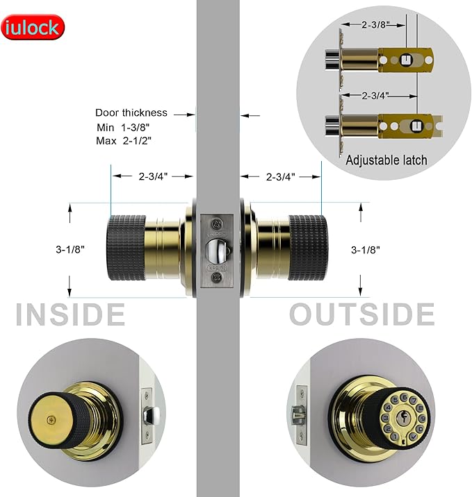 iulock Smart Door Knob with Keypad and Key,Keyless Entry Door Lock with Rubber Grip, Auto Lock,50 User Code,Waterproof, Easy to Install and Program for Bedroom Garage Office Gate (Golden)