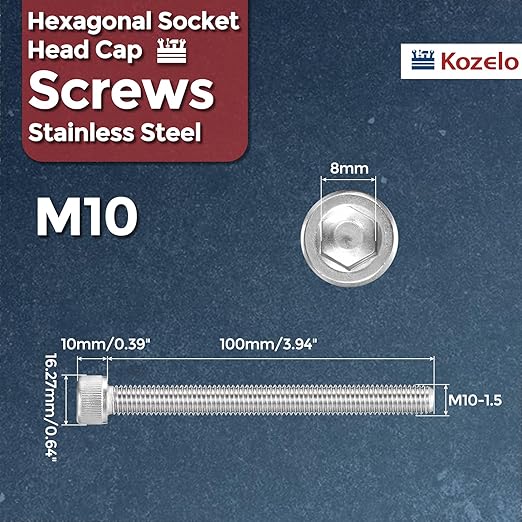 Kozelo 2pcs Socket Head Cap Screws - [M10-1.5 x 100mm] 304 Stainless Steel Allen Socket Drive for Electrical Motor 3D Printing Fan Engine Replacement Use, Silver
