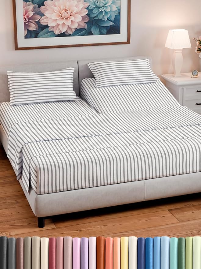 Split Head King Sheet Set – 4 Piece Flex Split Top King Sheets for Adjustable Beds - Fits 14” to 16" Mattress w/ Deep Pockets - Breathable & Cooling - Luxury Bedding and Wrinkle Free - Grey Stripes 2