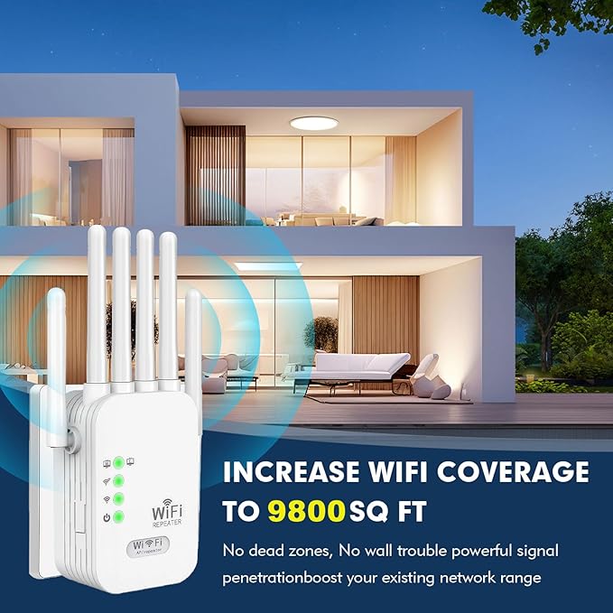 WiFi Repeater, WiFi Extender Signal Booster for Home, 9,880 sq ft Coverage, Repeater/AP Mode, 6 Antennas, WPA2, Ethernet Port, Supports 150+ Devices, White 1PCS