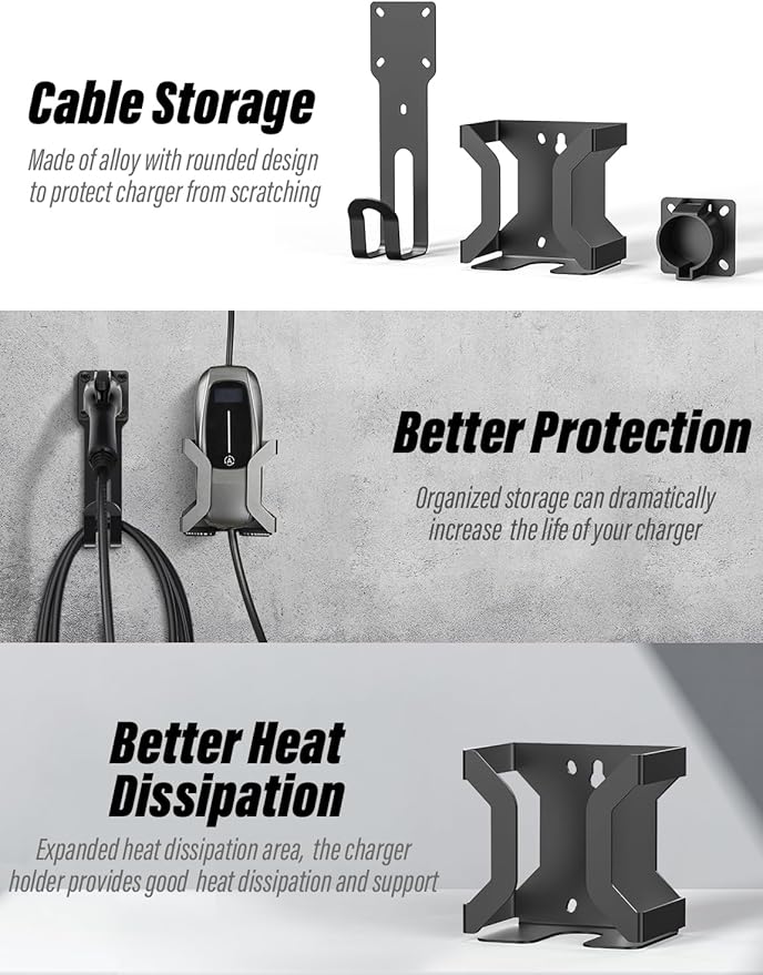BMZX EV Charger Holder J1772, Wall Mount Kit for Electric Car Charger | Heavy-Duty Stainless Steel | SAE J1772 Compatible | Includes Nozzle Holster Dock & J-Hook