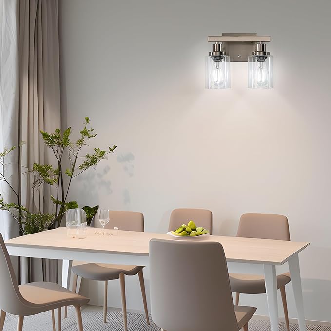 DIKAIDA Bathroom Vanity Light, 2-Light Nickel Modern Matte Wall Sconce Lighting with Clear Glass Shade, Wall Lights,Bath Vintage Wall Mounted Lamps for Mirror Bedroom Living Room
