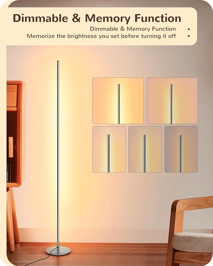EDISHINE LED Corner Lamp, Set of 2 Minimalist Dimmable Light with Remote, 57.5" Tall Slim Sleek Floor Lamps for Living Room, Bedroom, Office, 7 Color Temperature 2700-6000K, (Silver)