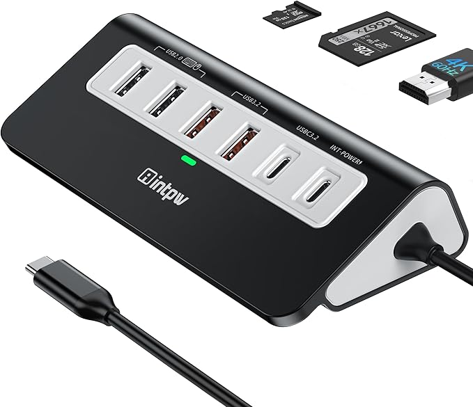 intpw USB C Hub 10Gbps, 9-in-1 USB C Docking station with 4K@60Hz HDMI, Type-C & 2 Type-A 3.2, 2 USB-A 2.0, PD 100W, SD/TF Port, Black Aluminum USB Hub for Laptop, iPhone 16/15 Series, MacBook Air/Pro