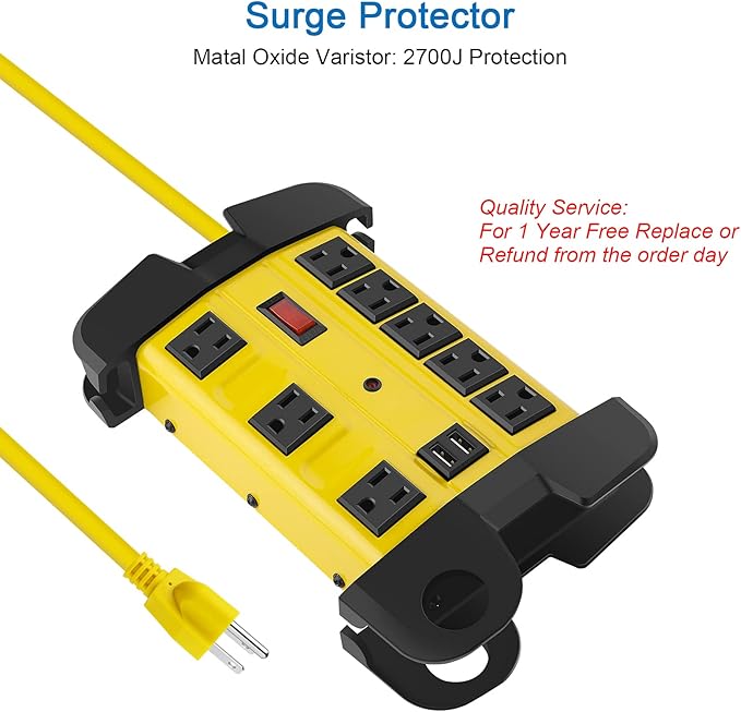 CCCEI Heavy Duty Power Strip with USB, Workshop 8 Outlet Surge Protector 2700 Joules, Industrial Metal 15Amp Power Strip, 4 FT Extension Cord and Wide Spaced Yellow.