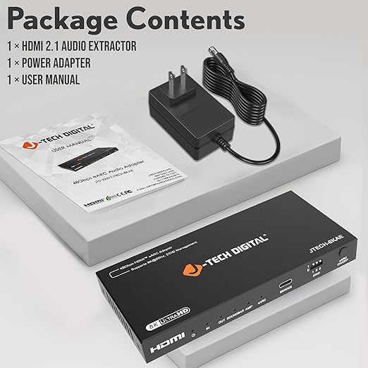 J-Tech Digital 8K HDMI Audio Extractor with eARC ARC 8K 60Hz 4K 120Hz, HDMI to Optical L/R Converter Adapter, HDCP 2.3 HDR CEC EDID [JTECH-8KAE]