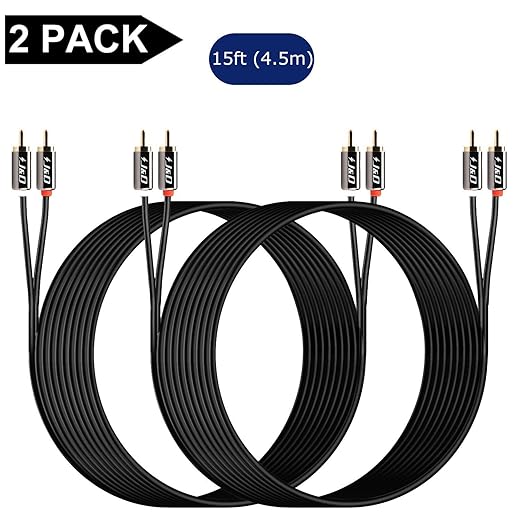 J&D RCA Cable, (2 Pack) Gold-Plated RCA Audio Cables, 2RCA Male to 2RCA Male Stereo Audio Cable for Speaker, HiFi Systems, Home Theater, Amplifiers,TV, 15 Feet