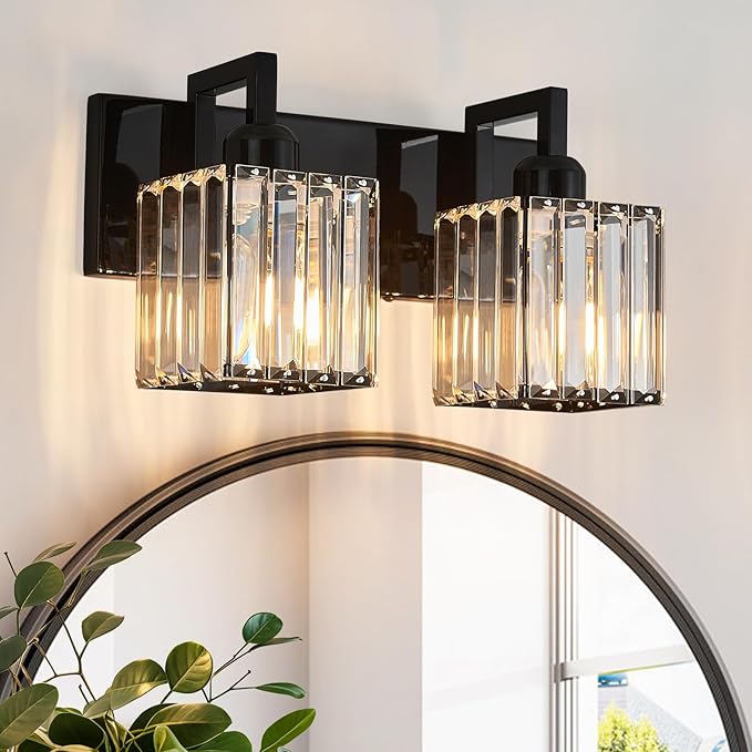 FDPBY Modern Bathroom Vanity Light 2-Lights Plating Black Vanity Light Crystal Wall Light Bathroom Light Fixtures