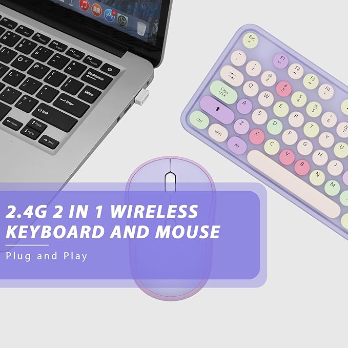 Wireless Typewriter Keyboard and Mouse - Wireless Keyboard with Silent Mouse, Cute Retro Keyboard Mouse Combo, 2.4G USB Computer Keyboard and Mouse for Windows Laptop/Desktop/PC(Purple)