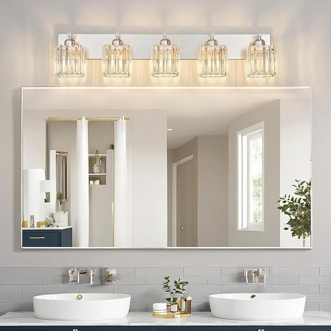 FDPBY Modern Vanity Light 5-Lights Brushed Nickel Vanity Light Crystal Bathroom Wall Light Bathroom Light Fixtures