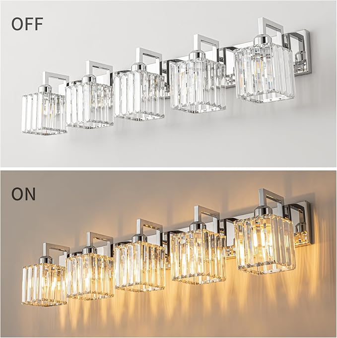 FDPBY Modern Bathroom Vanity Light 5-Lights Chrome Crystal Wall Lamp Bathroom Modern Crystal Vanity Lighting