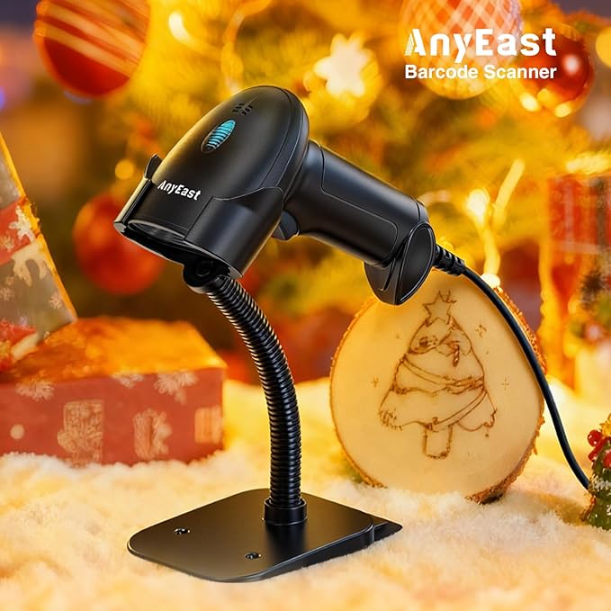 Anyeast 2D 1D Barcode Scanner : USB Wired Inventory QR Scanner with Stand for Computer POS MAC with Automatic Scanning, Handheld CMOS Image Bar Code Reader for Warehouse Library Supermarket
