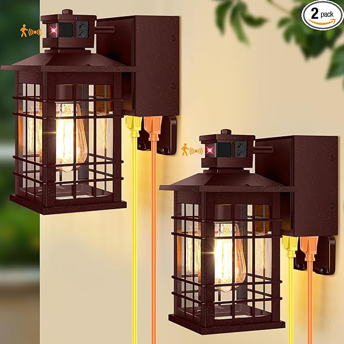 2-Pack Porch Light with GFCI Outlets, Brown Motion Sensor Dusk to Dawn Outdoor Wall Light Fixture, Waterproof Outside Wall Lantern Sconce 3 Lighting Modes, Exterior Wall Light for Front Door House