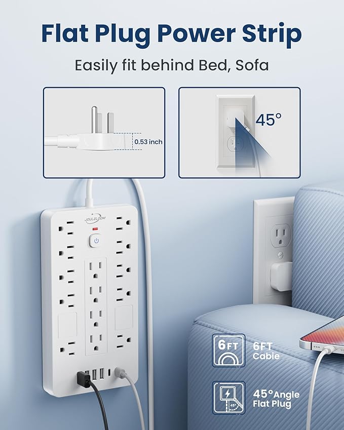 JouleLoom Surge Protector Power Strip-14 Outlets and 6 USB Ports, 6 Feet Flat Plug Extension Cord, 1850 Joules, White, ETL Listed for Home, Office, Dorm Room