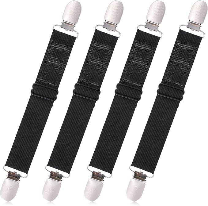 Xyembu 4Pcs Ironing Board Cover Clips Adjustable Ironing Board Pad Braces Fasteners Mini Suspenders Elastic Straps Clips for Secure and Tight Fit Corners Couch Covers Stays Bands(Black)