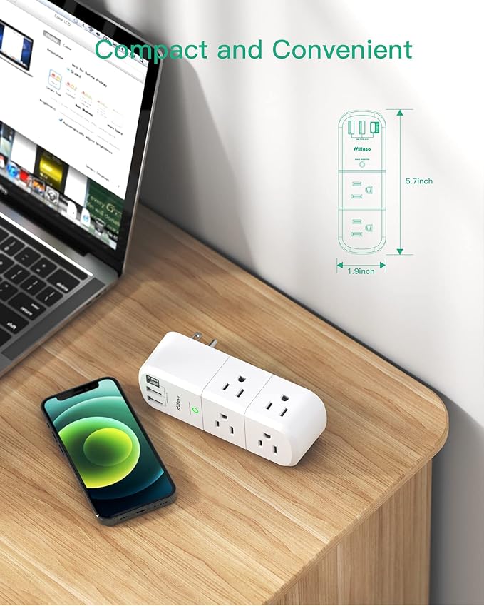 Surge Protector USB Outlet Extender, 6 AC Multi Plug Outlet and 3 USB Ports (1 USB C), 3-Sided Swivel Power Strip Outlet Splitter for Home, Dorm Room Essentials (2 Pack)