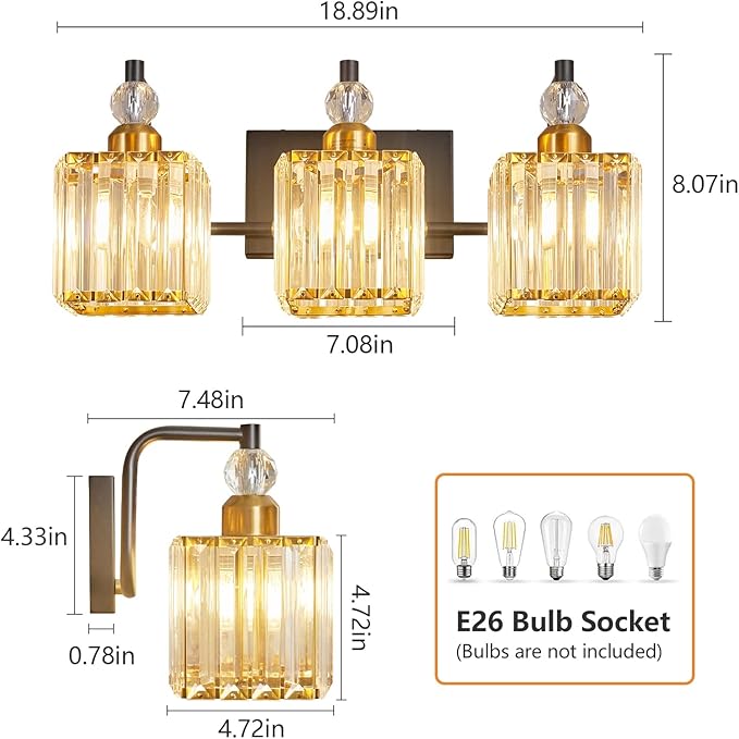 BBLLWJ Bathroom Vanity Lights 3-Light Bathroom Light Gold Brushed Brass Finish Crystal Vanity Light Fixtures Modern Black and Gold Bathroom Light Fixtures Over Mirror