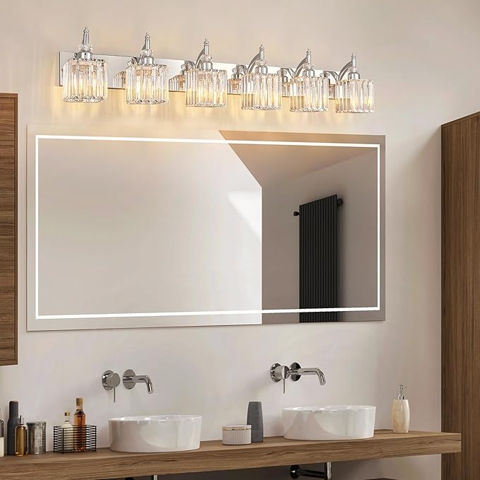 BBLLWJ 6 Light Bathroom Vanity Light Modern Chrome Vanity Light Fixtures Bathroom Light Fixtures Over Mirror Crystal Vanity Lighting Fixtures