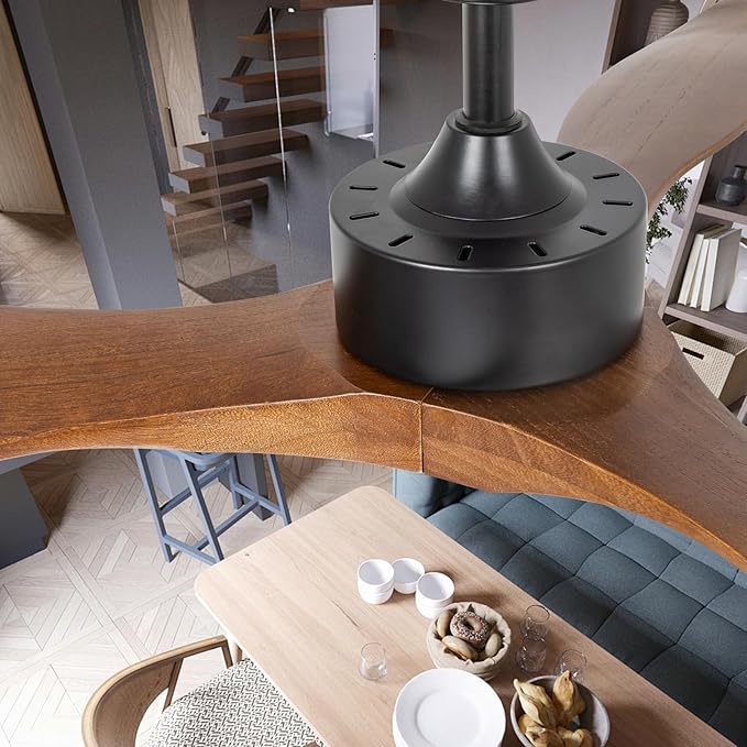 revoici 52 Inch Brown Wood Ceiling Fan with Light and Remote, 6 Speed and Reversible DC Motor, 3 Blade Low Profile Flush Mount Mordern Wood Ceiling Fans for Living Room Bedroom Outdoor Patio