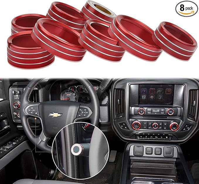 Kujunpao Radio Fan Climate Auto Menu Knob Control Button Trim Center Console Knob Cover Decor Fit for 2014-2018 Chevy Silverado & GMC Sierra Accessories 8pcs(Red)