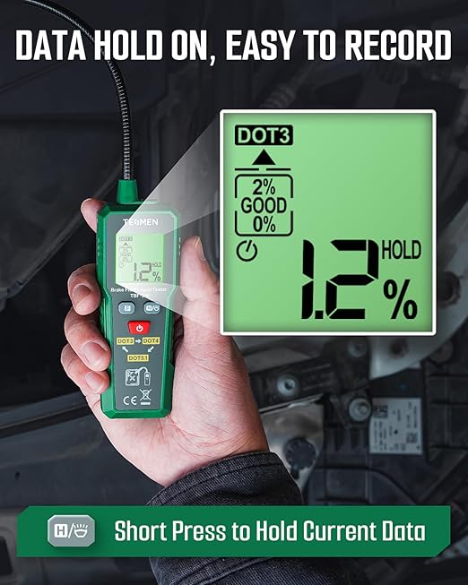 TESMEN TBF-300 Brake Fluid Tester with 8.5-Inch Corrosion Resistance Gooseneck Probe, Testing for DOT3, DOT4, DOT5.1, Brake Fluid Tester Pen with Light, Data Hold, Backlight Alarm for Auto Care-Green